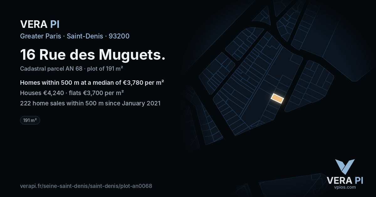 16 Rue des Muguets, Saint-Denis at night – the plot lit, the parcels around coloured by the prices near them
