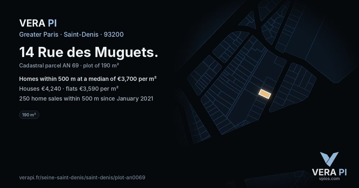 14 Rue des Muguets, Saint-Denis at night – the plot lit, the parcels around coloured by the prices near them