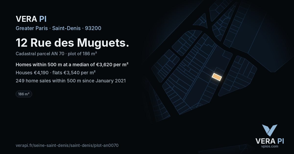 12 Rue des Muguets, Saint-Denis at night – the plot lit, the parcels around coloured by the prices near them