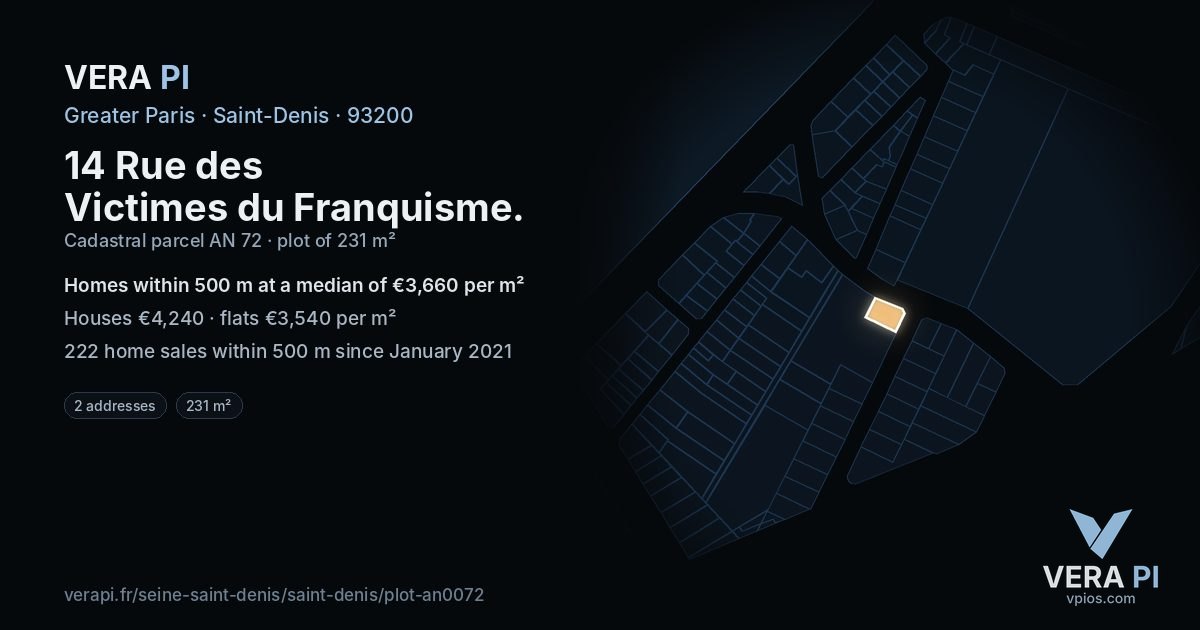 14 Rue des Victimes du Franquisme, Saint-Denis at night – the plot lit, the parcels around coloured by the prices near them
