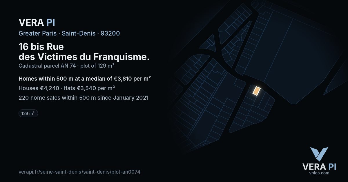 16 bis Rue des Victimes du Franquisme, Saint-Denis at night – the plot lit, the parcels around coloured by the prices near them