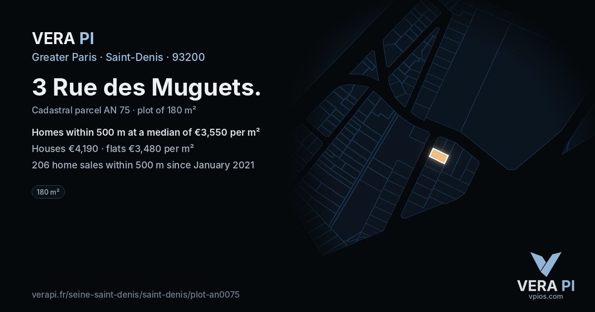 3 Rue des Muguets, Saint-Denis at night – the plot lit, the parcels around coloured by the prices near them