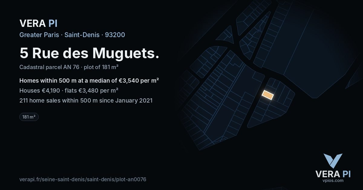 5 Rue des Muguets, Saint-Denis at night – the plot lit, the parcels around coloured by the prices near them
