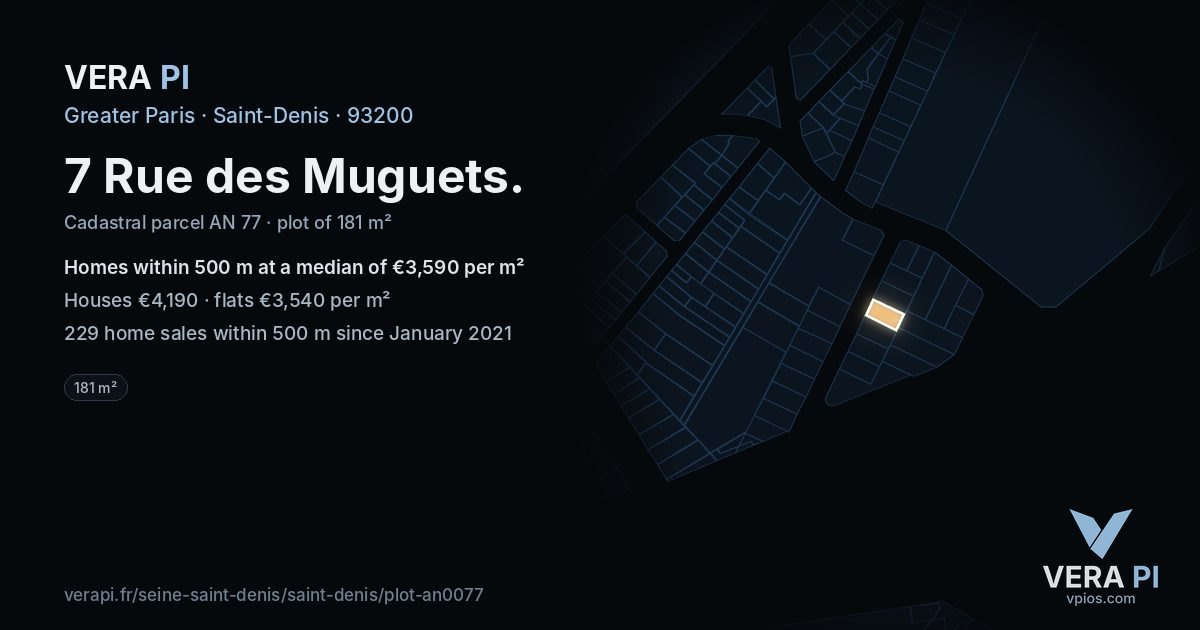 7 Rue des Muguets, Saint-Denis at night – the plot lit, the parcels around coloured by the prices near them