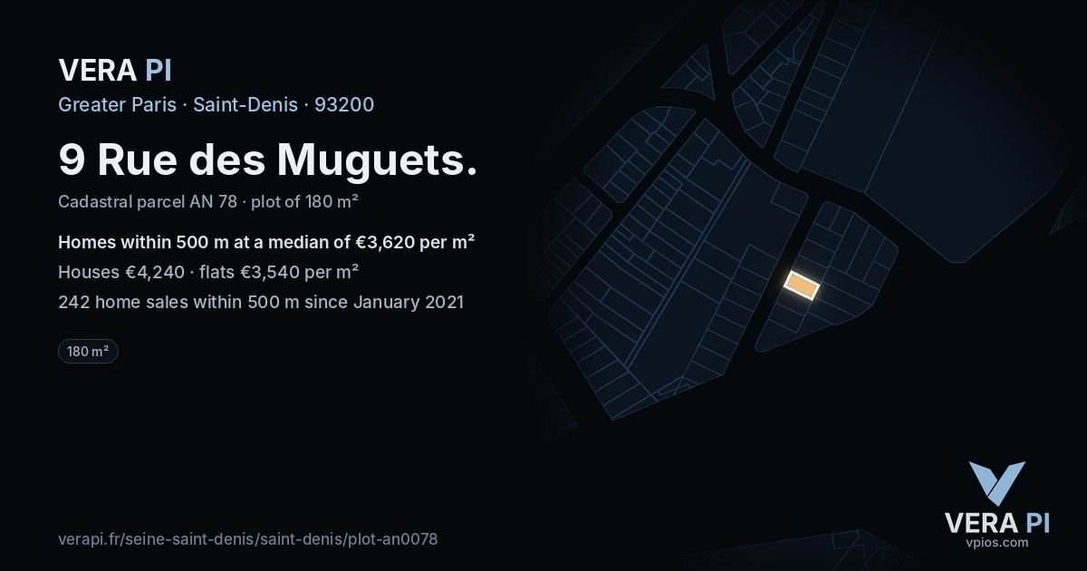 9 Rue des Muguets, Saint-Denis at night – the plot lit, the parcels around coloured by the prices near them