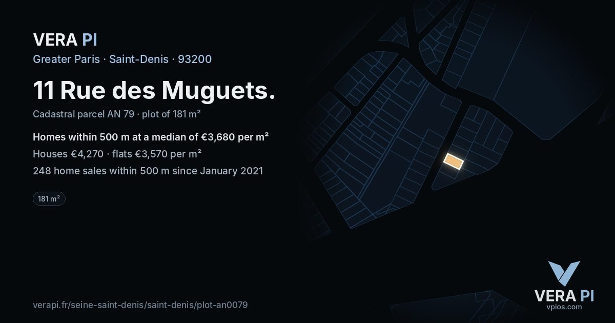 11 Rue des Muguets, Saint-Denis at night – the plot lit, the parcels around coloured by the prices near them