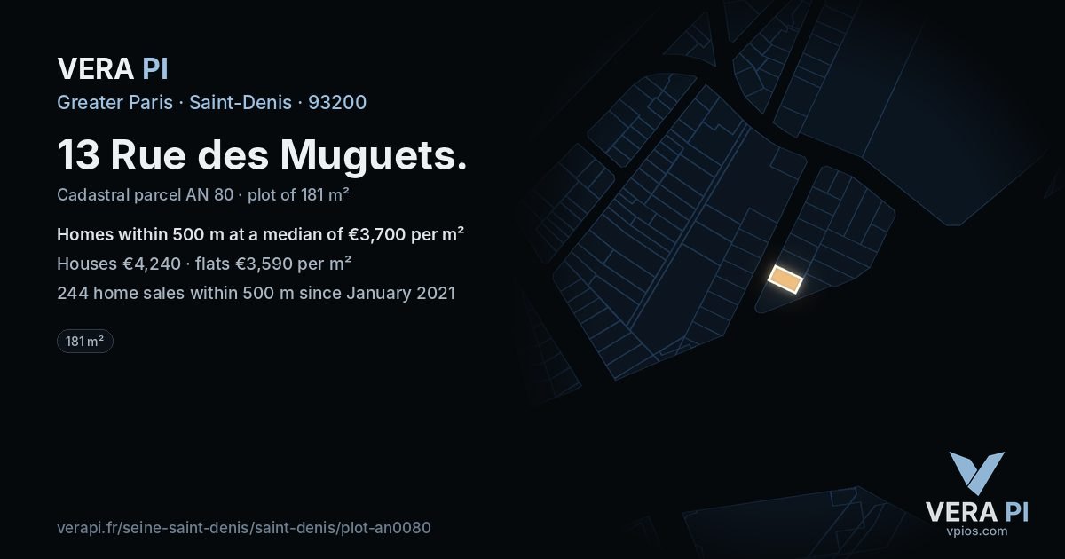 13 Rue des Muguets, Saint-Denis at night – the plot lit, the parcels around coloured by the prices near them