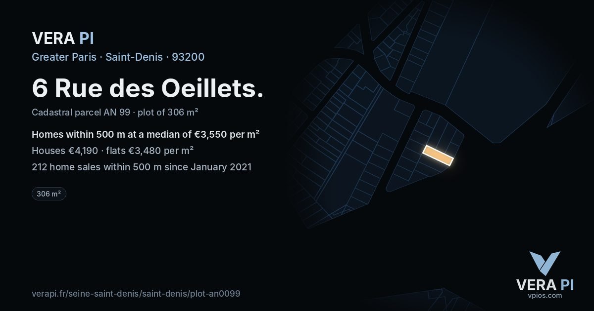 6 Rue des Oeillets, Saint-Denis at night – the plot lit, the parcels around coloured by the prices near them