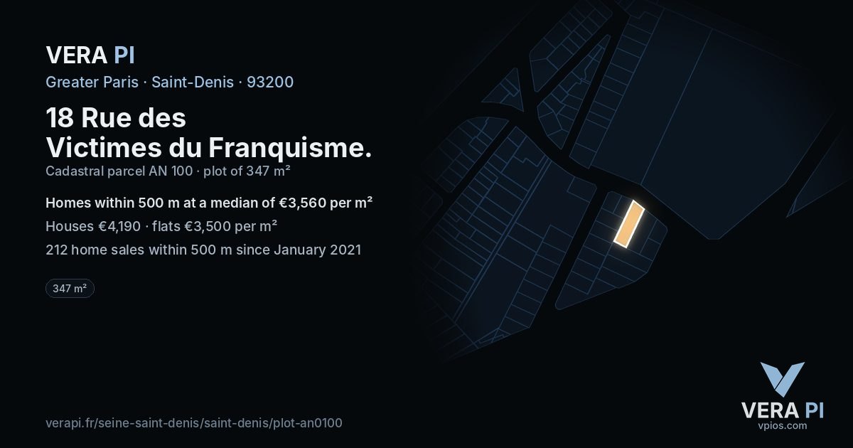 18 Rue des Victimes du Franquisme, Saint-Denis at night – the plot lit, the parcels around coloured by the prices near them