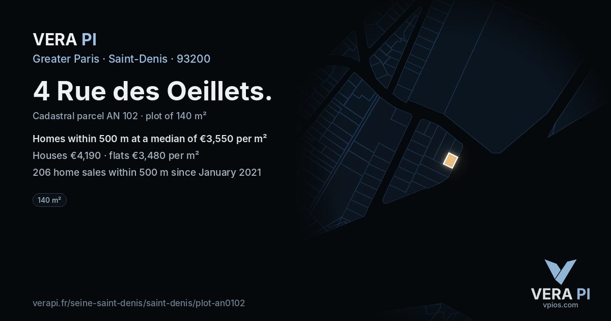 4 Rue des Oeillets, Saint-Denis at night – the plot lit, the parcels around coloured by the prices near them
