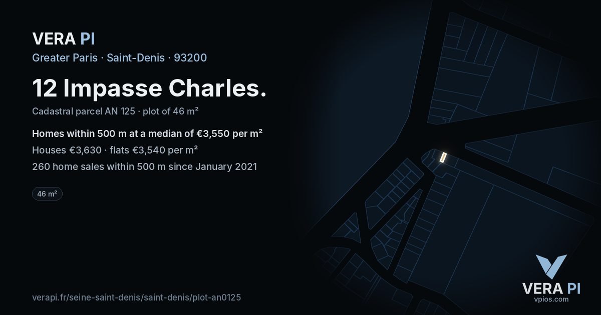 12 Impasse Charles, Saint-Denis at night – the plot lit, the parcels around coloured by the prices near them