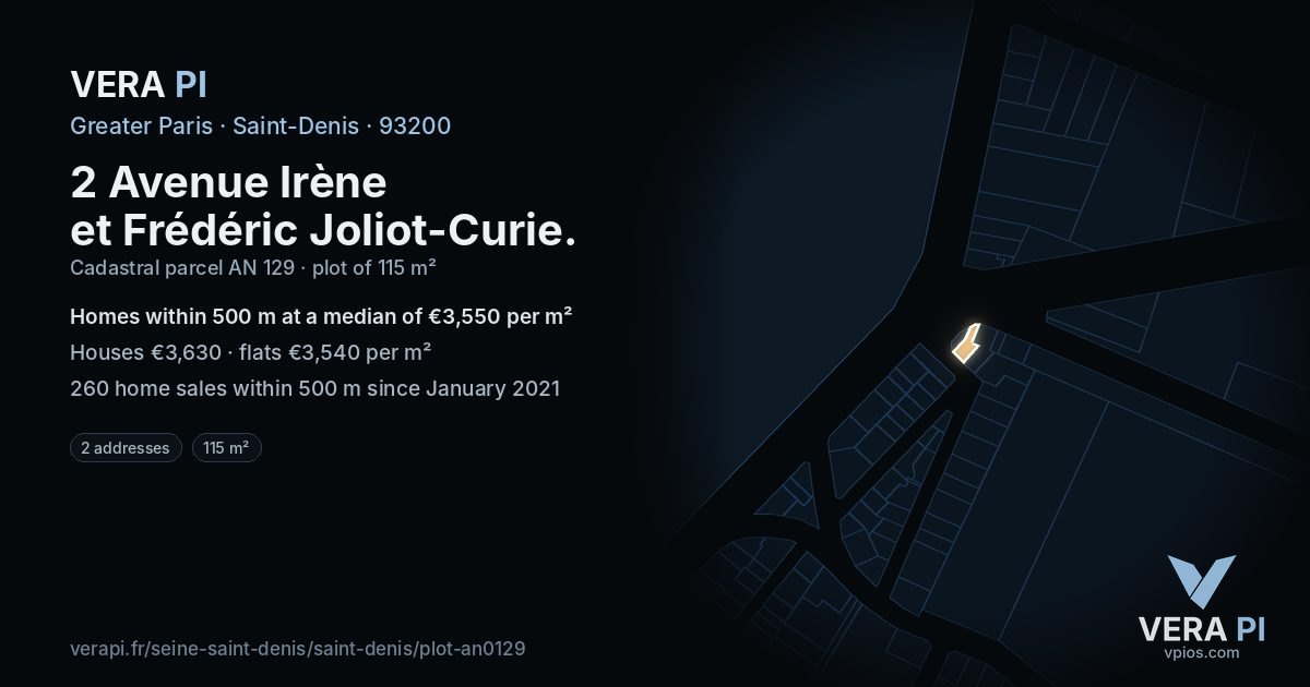 2 Avenue Irène et Frédéric Joliot-Curie, Saint-Denis at night – the plot lit, the parcels around coloured by the prices near them
