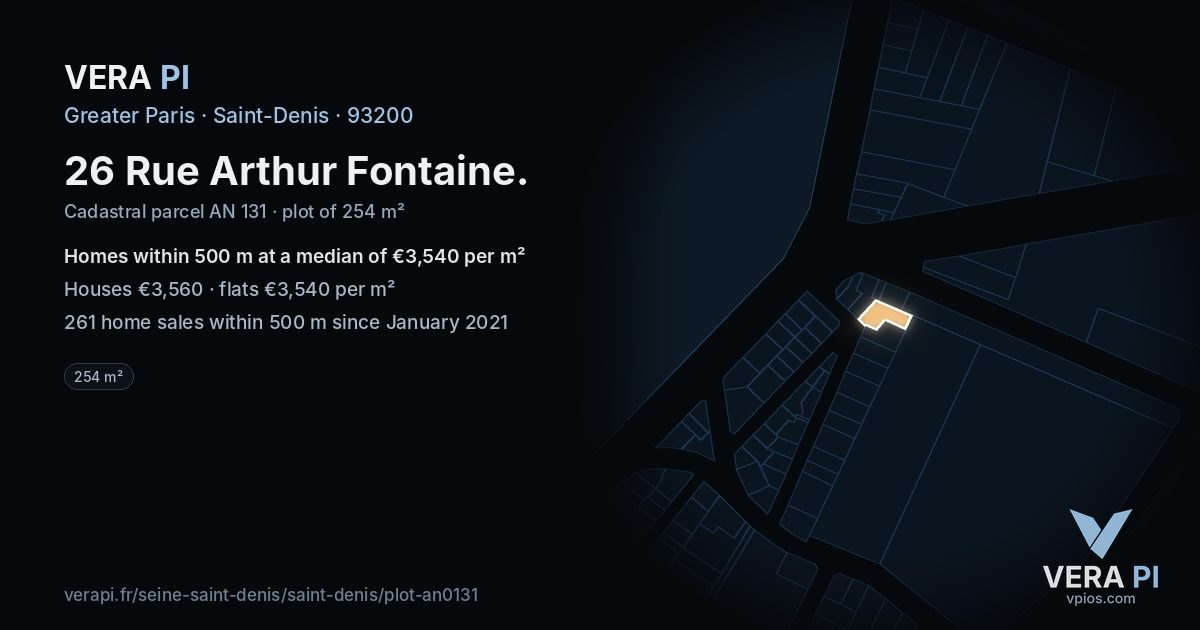 26 Rue Arthur Fontaine, Saint-Denis at night – the plot lit, the parcels around coloured by the prices near them