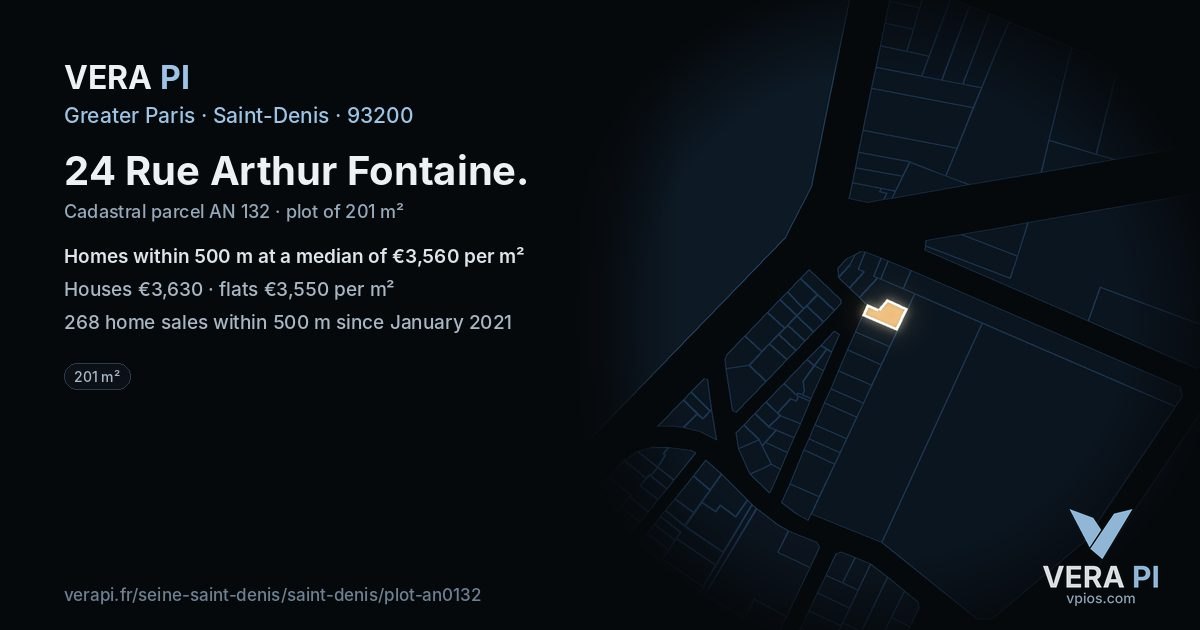 24 Rue Arthur Fontaine, Saint-Denis at night – the plot lit, the parcels around coloured by the prices near them