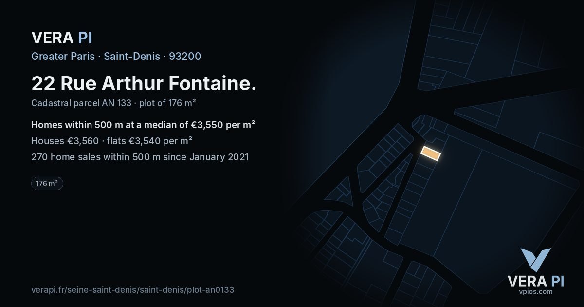 22 Rue Arthur Fontaine, Saint-Denis at night – the plot lit, the parcels around coloured by the prices near them
