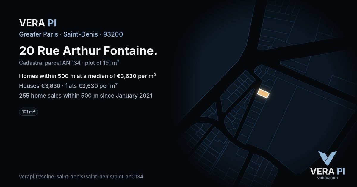 20 Rue Arthur Fontaine, Saint-Denis at night – the plot lit, the parcels around coloured by the prices near them