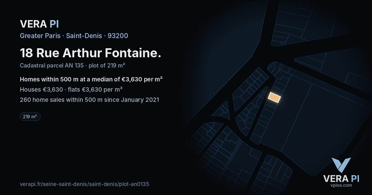 18 Rue Arthur Fontaine, Saint-Denis at night – the plot lit, the parcels around coloured by the prices near them