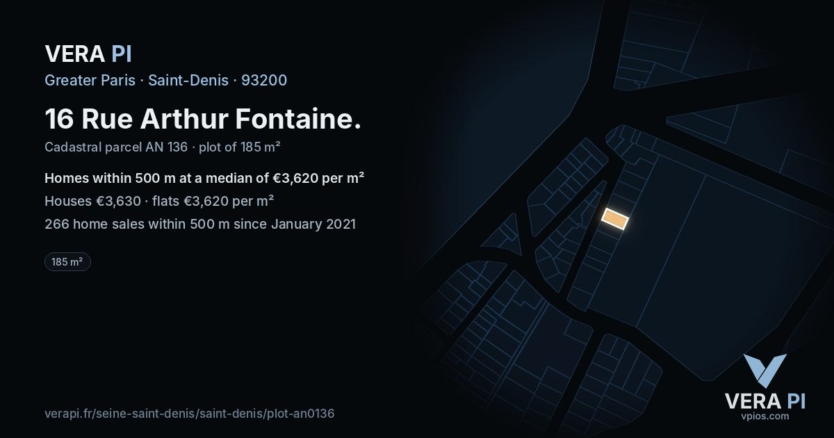 16 Rue Arthur Fontaine, Saint-Denis at night – the plot lit, the parcels around coloured by the prices near them