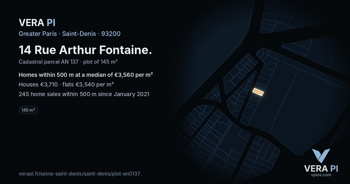 14 Rue Arthur Fontaine, Saint-Denis at night – the plot lit, the parcels around coloured by the prices near them