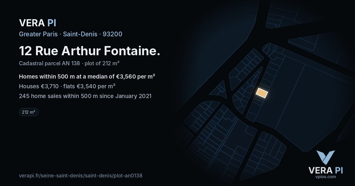 12 Rue Arthur Fontaine, Saint-Denis at night – the plot lit, the parcels around coloured by the prices near them