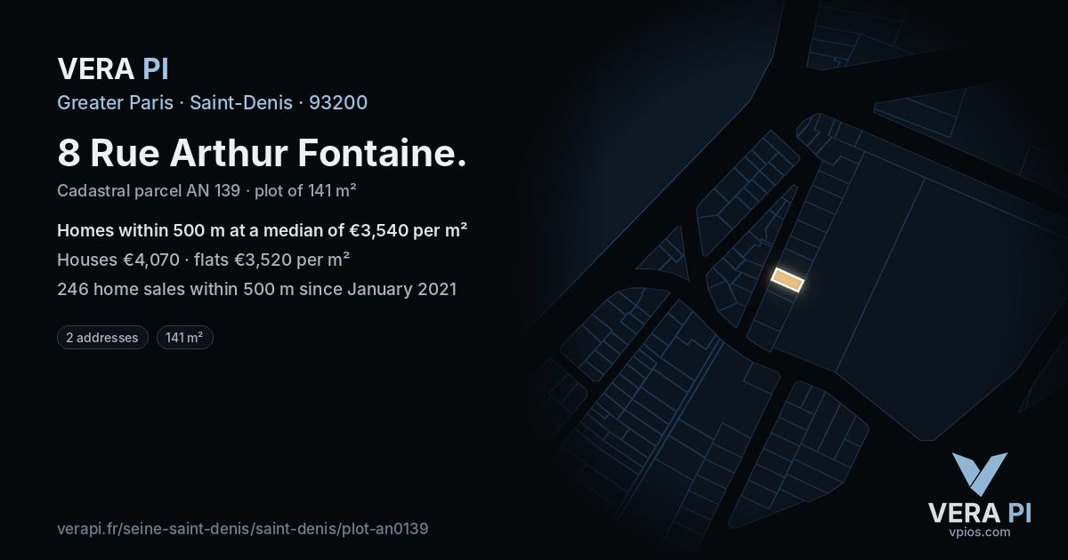8 Rue Arthur Fontaine, Saint-Denis at night – the plot lit, the parcels around coloured by the prices near them