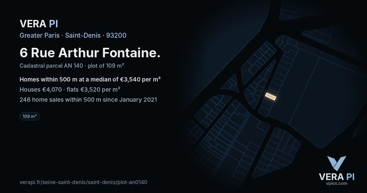 6 Rue Arthur Fontaine, Saint-Denis at night – the plot lit, the parcels around coloured by the prices near them