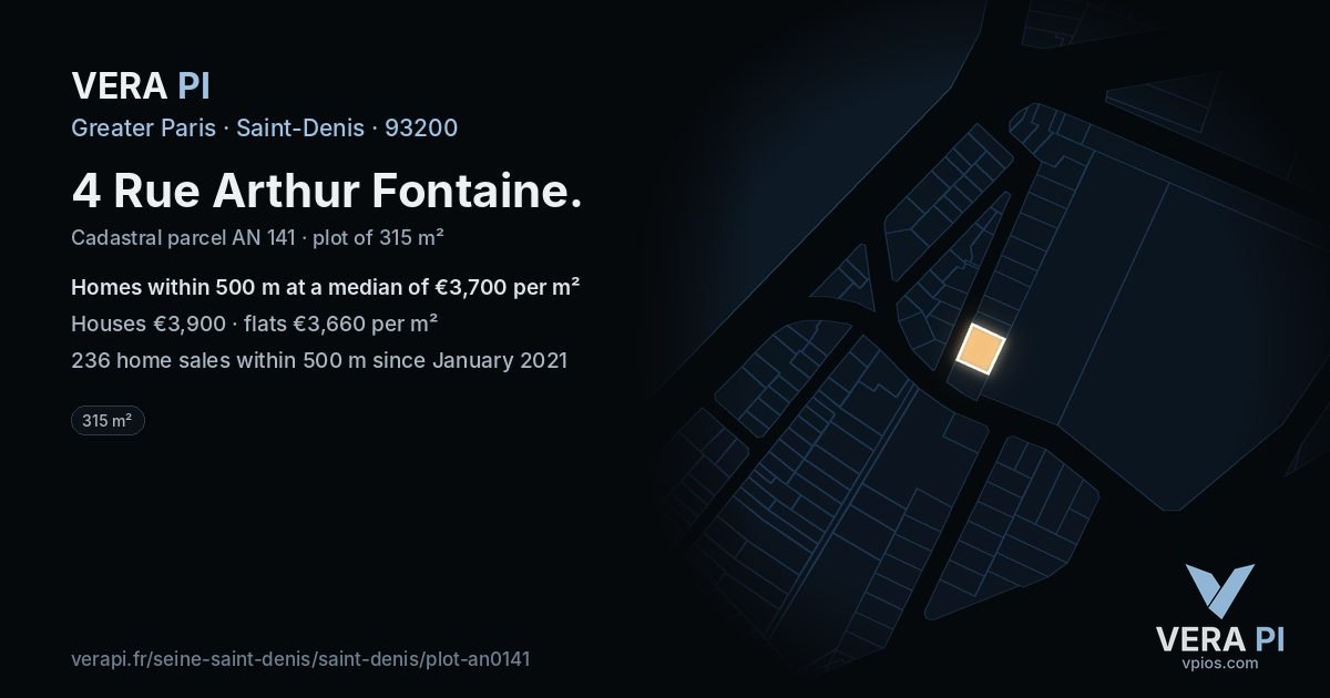 4 Rue Arthur Fontaine, Saint-Denis at night – the plot lit, the parcels around coloured by the prices near them