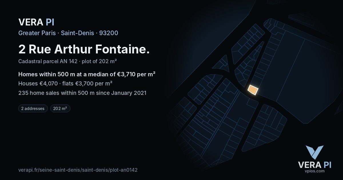 2 Rue Arthur Fontaine, Saint-Denis at night – the plot lit, the parcels around coloured by the prices near them