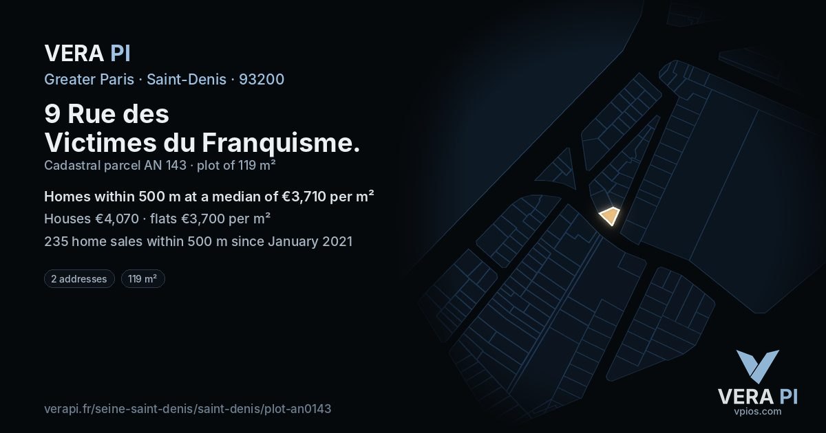 9 Rue des Victimes du Franquisme, Saint-Denis at night – the plot lit, the parcels around coloured by the prices near them