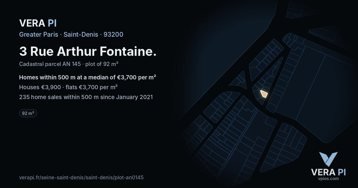 3 Rue Arthur Fontaine, Saint-Denis at night – the plot lit, the parcels around coloured by the prices near them