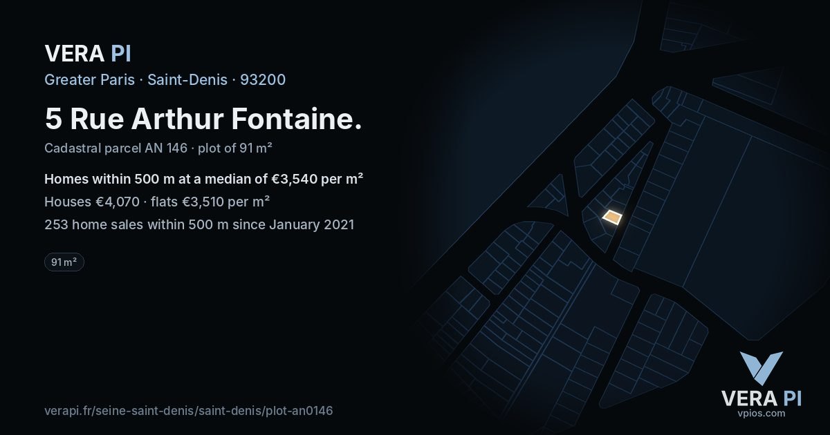 5 Rue Arthur Fontaine, Saint-Denis at night – the plot lit, the parcels around coloured by the prices near them
