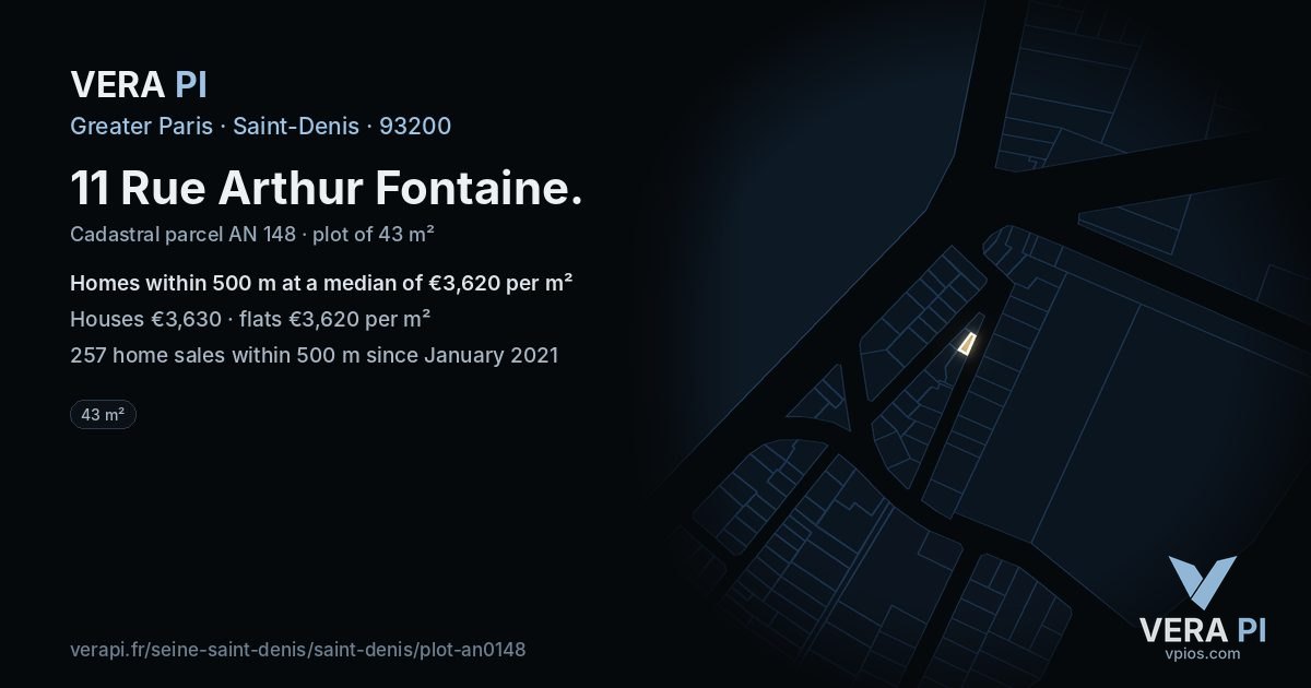 11 Rue Arthur Fontaine, Saint-Denis at night – the plot lit, the parcels around coloured by the prices near them