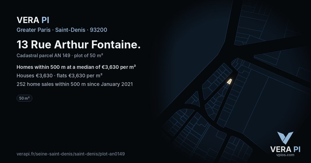 13 Rue Arthur Fontaine, Saint-Denis at night – the plot lit, the parcels around coloured by the prices near them