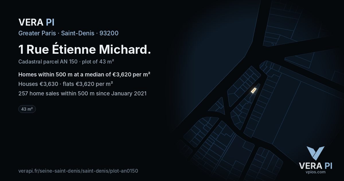 1 Rue Étienne Michard, Saint-Denis at night – the plot lit, the parcels around coloured by the prices near them