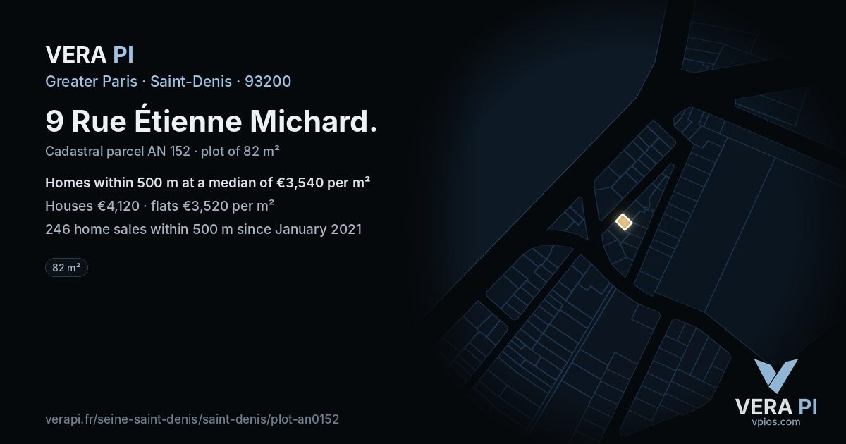 9 Rue Étienne Michard, Saint-Denis at night – the plot lit, the parcels around coloured by the prices near them