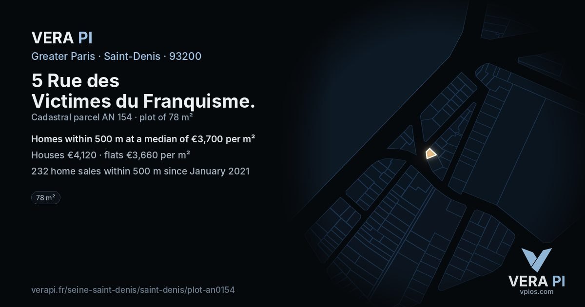 5 Rue des Victimes du Franquisme, Saint-Denis at night – the plot lit, the parcels around coloured by the prices near them