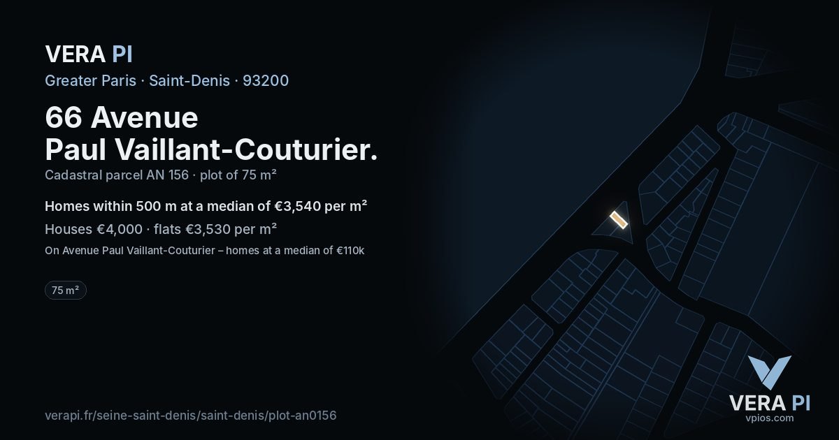 66 Avenue Paul Vaillant-Couturier, Saint-Denis at night – the plot lit, the parcels around coloured by the prices near them