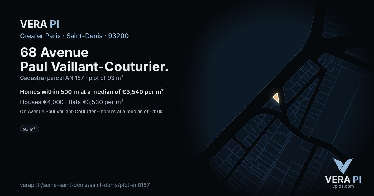 68 Avenue Paul Vaillant-Couturier, Saint-Denis at night – the plot lit, the parcels around coloured by the prices near them