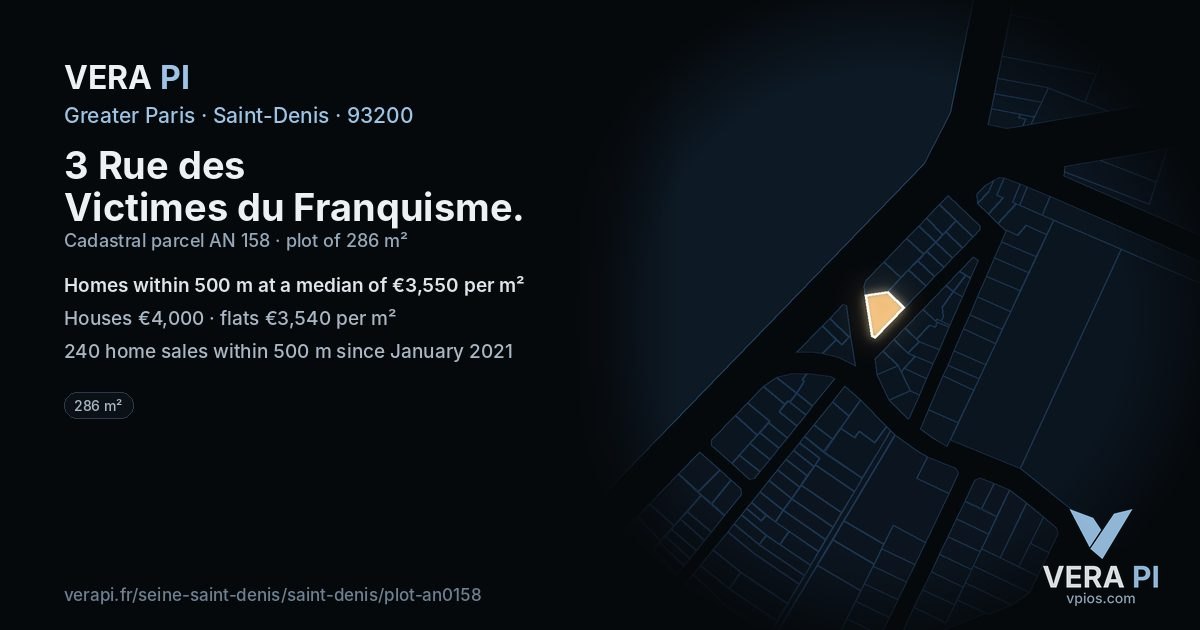 3 Rue des Victimes du Franquisme, Saint-Denis at night – the plot lit, the parcels around coloured by the prices near them