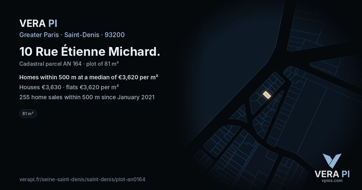 10 Rue Étienne Michard, Saint-Denis at night – the plot lit, the parcels around coloured by the prices near them