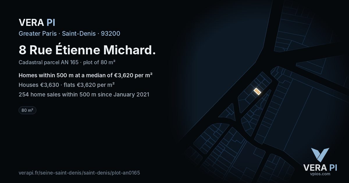 8 Rue Étienne Michard, Saint-Denis at night – the plot lit, the parcels around coloured by the prices near them