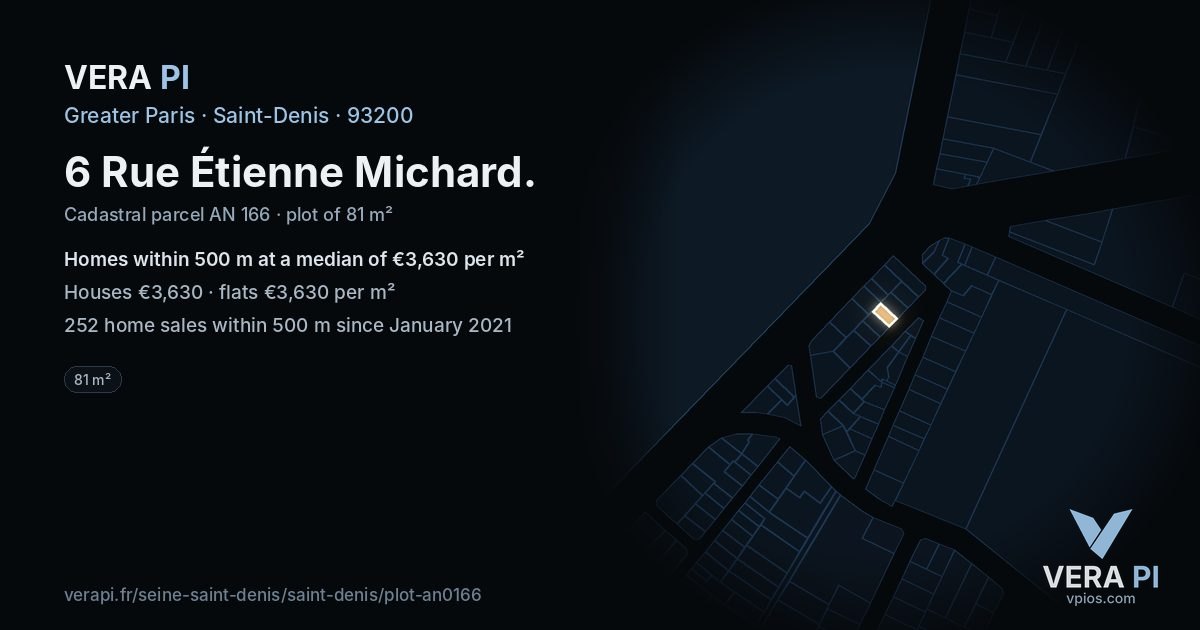 6 Rue Étienne Michard, Saint-Denis at night – the plot lit, the parcels around coloured by the prices near them