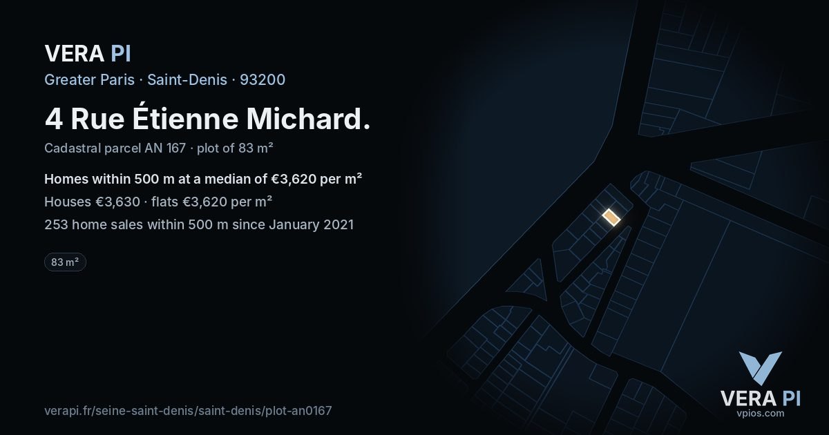 4 Rue Étienne Michard, Saint-Denis at night – the plot lit, the parcels around coloured by the prices near them
