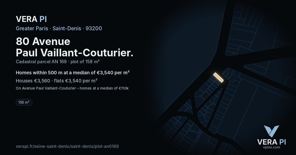 80 Avenue Paul Vaillant-Couturier, Saint-Denis at night – the plot lit, the parcels around coloured by the prices near them