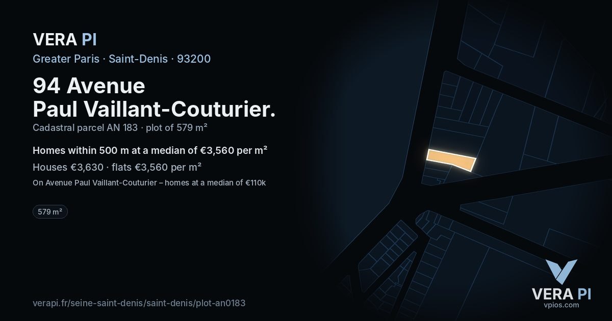 94 Avenue Paul Vaillant-Couturier, Saint-Denis at night – the plot lit, the parcels around coloured by the prices near them