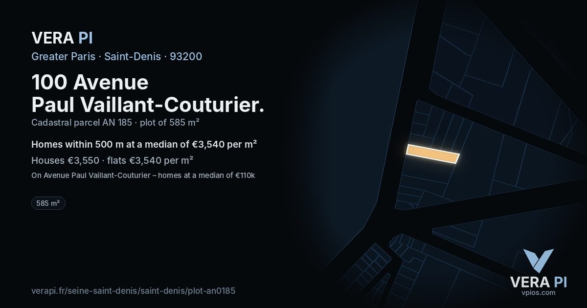 100 Avenue Paul Vaillant-Couturier, Saint-Denis at night – the plot lit, the parcels around coloured by the prices near them