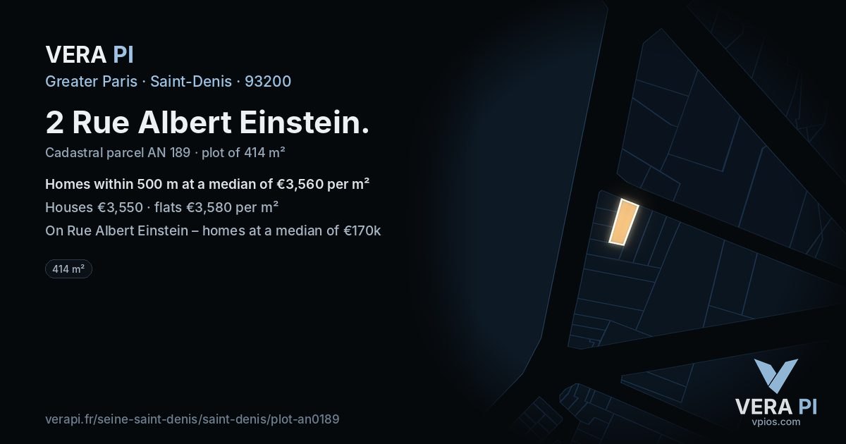 2 Rue Albert Einstein, Saint-Denis at night – the plot lit, the parcels around coloured by the prices near them