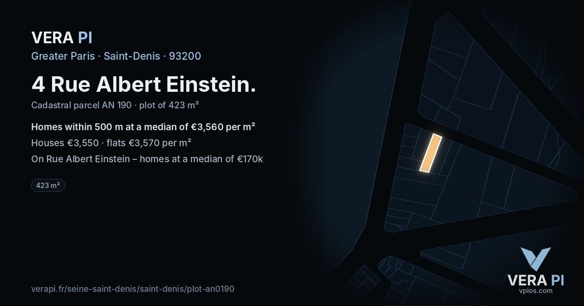 4 Rue Albert Einstein, Saint-Denis at night – the plot lit, the parcels around coloured by the prices near them