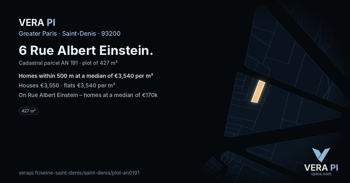 6 Rue Albert Einstein, Saint-Denis at night – the plot lit, the parcels around coloured by the prices near them