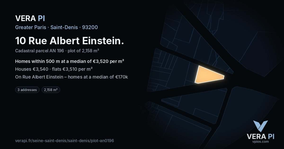 10 Rue Albert Einstein, Saint-Denis at night – the plot lit, the parcels around coloured by the prices near them